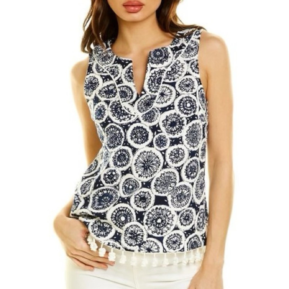 Trina Turk Endearing Print Pom Pom Tassel Trim Batik Sleeveless Tank Top Blouse